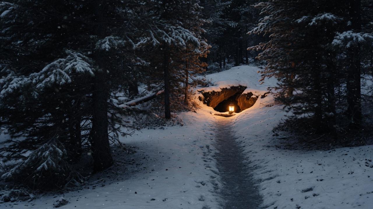 Winter pack trail through slate snow with a den lamp glow